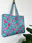Sky Blue and Pink Floral Cotton Quilted Block Print Tote Bag