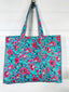 Sky Blue and Pink Floral Cotton Quilted Block Print Tote Bag