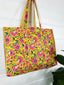 Yellow and Pink Floral Cotton Quilted Block Print Tote Bag