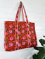 Red Orange and Pink Floral Cotton Quilted Block Print Tote Bag