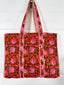 Red Orange and Pink Floral Cotton Quilted Block Print Tote Bag